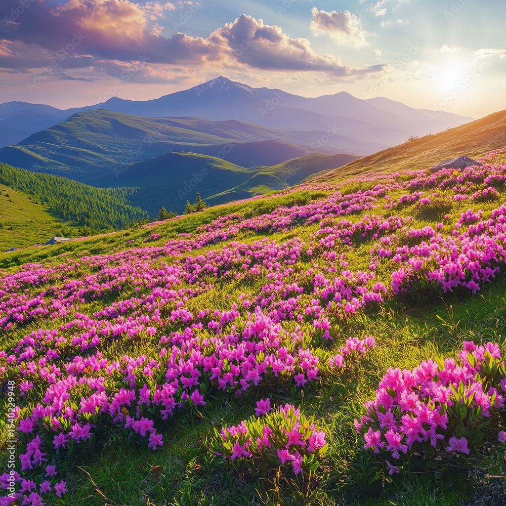 Fototapeta premium view in lawn with rhododendron flowers. Mountains landscapes. Concept of nature rebirth. Save Earth. Amazing summer day. Location Carpathian, Ukraine, Europe.