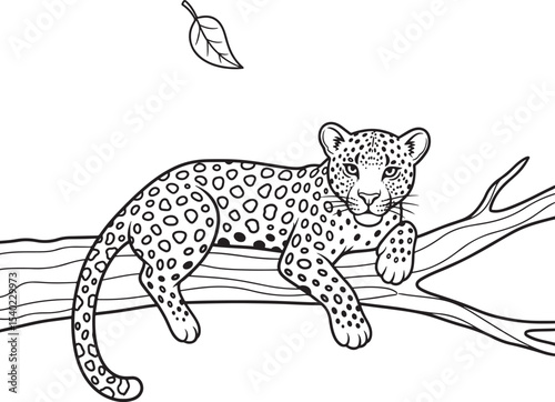 An intricate drawing of a leopard resting on a tree branch