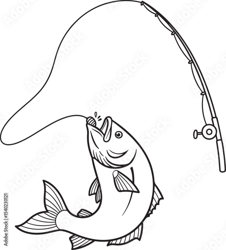 Cartoon fish caught on a fishing line with a bent rod