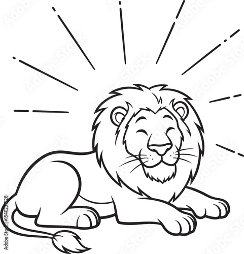 Smiling Cartoon Lion with Radiant Lines, Black and White Illustration Style