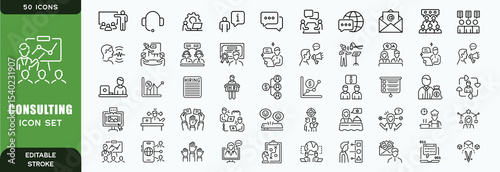 Set of 50 outline icons related to consulting. Linear icon collection. Editable stroke. Vector illustration