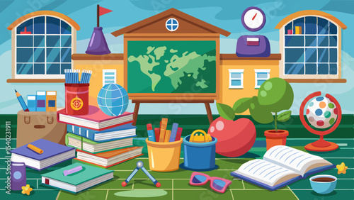 Colorful school supplies and educational items on a desk with books, globe, backpack and science equipment in a classroom setting