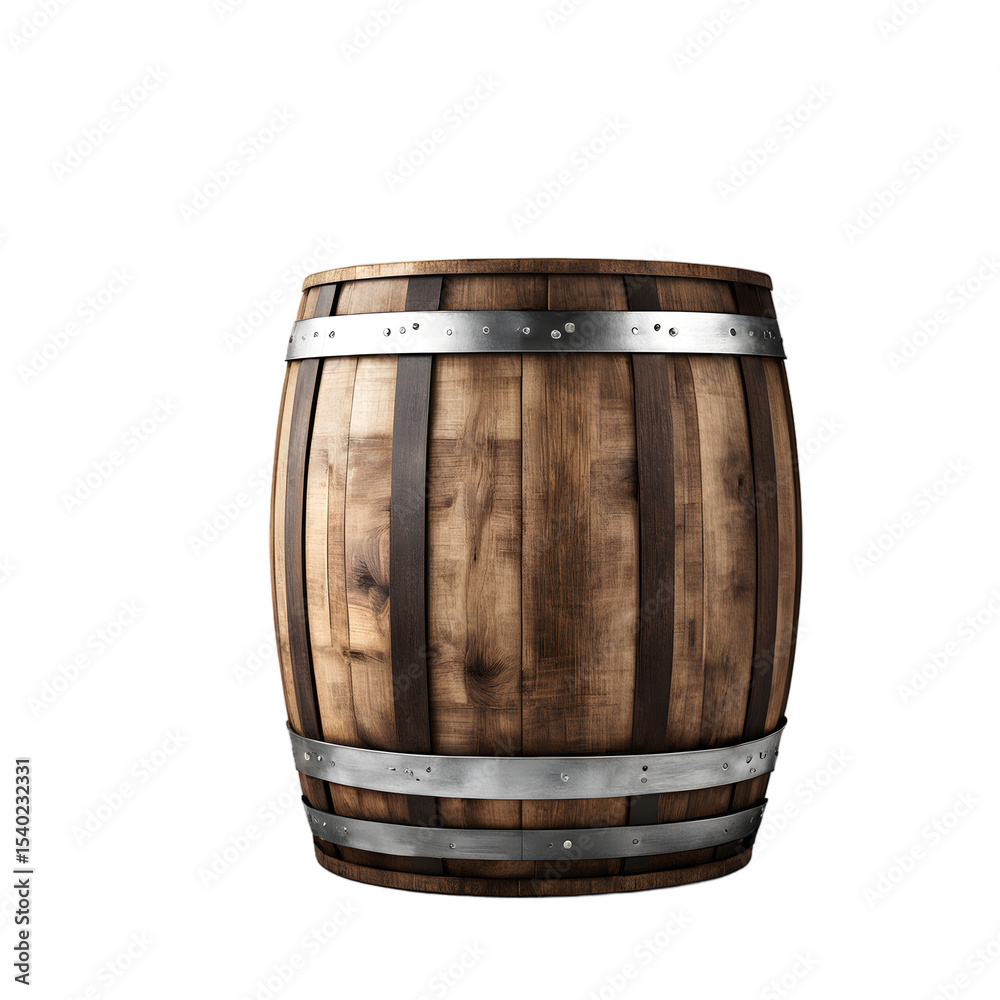 Fototapeta premium A wooden wine or whiskey barrel, isolated on a empty plain background