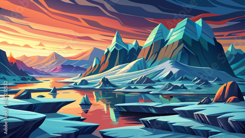 remote Arctic landscape with melting ice and low sunlight vector perfect for climate change, polar exploration, and nature themes