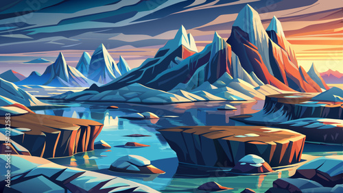 remote Arctic landscape with melting ice and low sunlight vector perfect for climate change, polar exploration, and nature themes