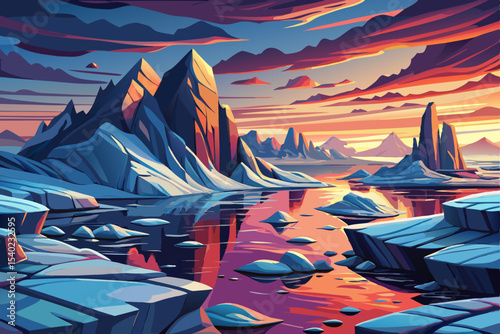 remote Arctic landscape with melting ice and low sunlight vector perfect for climate change, polar exploration, and nature themes