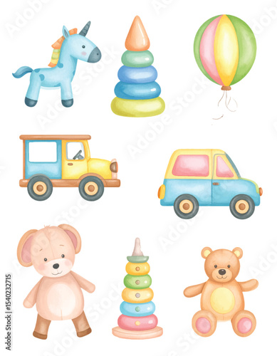 A charming vector cartoon illustration of a baby animal toy set, featuring a bear, foal, perfect for a child's birthday celebration card