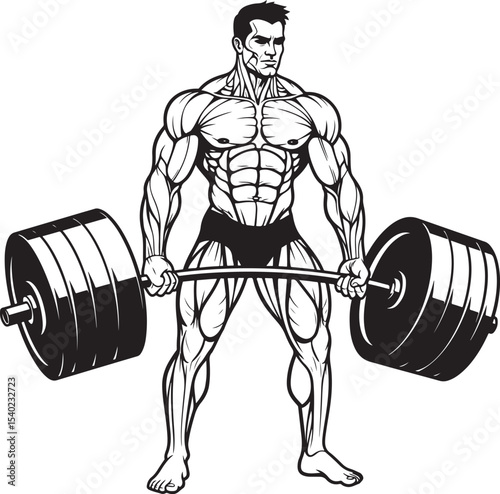 Line art illustration of muscular weightlifter performing deadlift with heavy barbell
