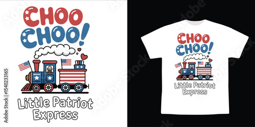 Patriotic Train Illustration – "Choo Choo! Little Patriot Express" – 4th of July Kids T-Shirt Design