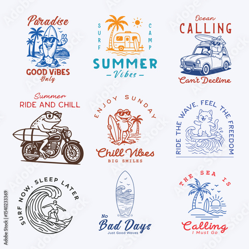 Summer beach surf vibes design collection. Can be used as t shirt, poster, sticker, print design