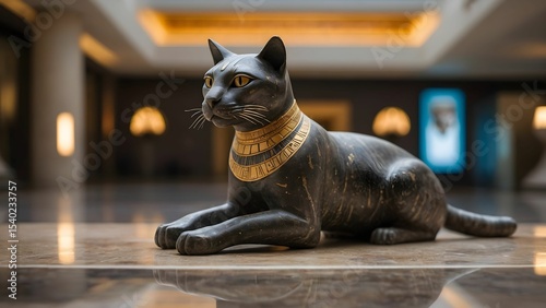 Sculpture of a lying black cat adorned with an ornate collar displayed in a museum hall, showcasing ancient Egyptian art and culture during daytime Generative AI