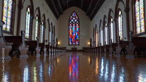 Stunning interior of historic chapel with beautiful stained glass windows