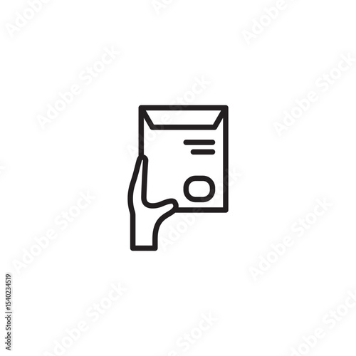 A minimalist line art icon features a hand holding a document or envelope, symbolizing mail, delivery, or handing over important papers.
