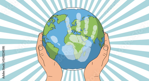 Hands Holding Earth with Handprints, Protecting the Planet