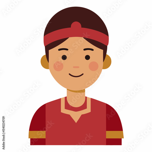 Vector avatar of a young indigenous boy wearing traditional clothes and smiling, educational theme, flat design, white background