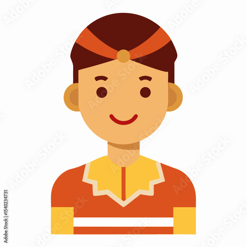 Vector avatar of a young indigenous boy wearing traditional clothes and smiling, educational theme, flat design, white background