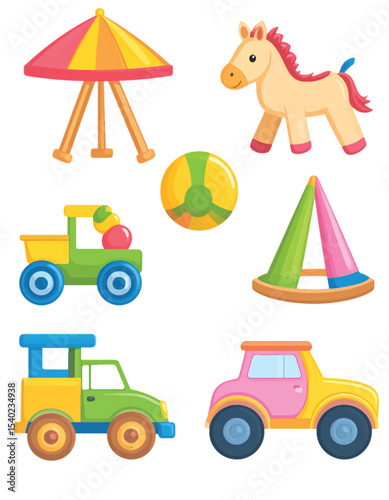 Toy train vector icon set with a wooden toy train on a white background, perfect for a baby or child's fun vehicle illustration