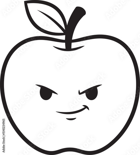 An apple with a mischievous expression and leaf, outlined in black