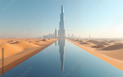 A colossal linear mirrored skyscraper extends infinitely across a barren Middle East desert landscape, reflecting the sky. High quality