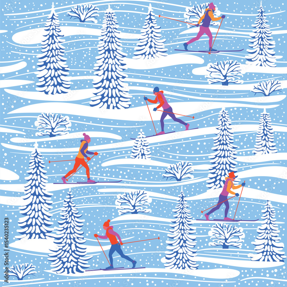 Cross-skiing people man woman winter snow covered trees pines sports activity seamless pattern, vector illustration repeat design print stock illustration