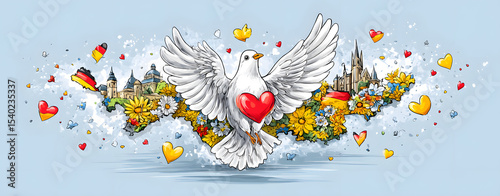 German Unity Day celebration at Brandenburg Gate Dove carrying love in vibrant spring scenery. People waving German flags in national pride Fireworks and city lights during Unity Day in Berlin