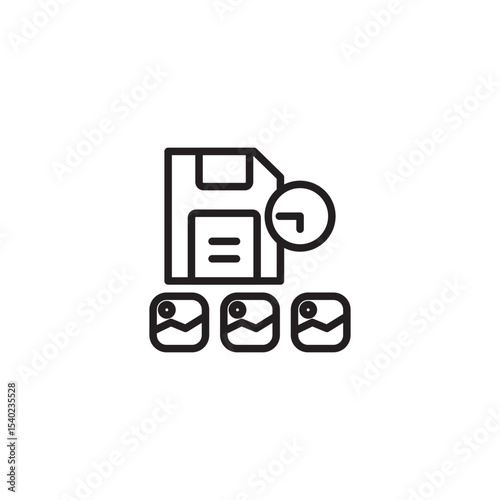 A minimalist line art icon depicts a floppy disk with a clock symbol, signifying saving or backup. Below it are three square icons with an "@" symbol inside, indicating saved files or profiles.