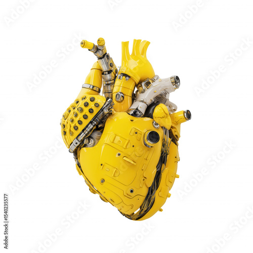 Bright yellow mechanical heart with gears and bolts on transparent background