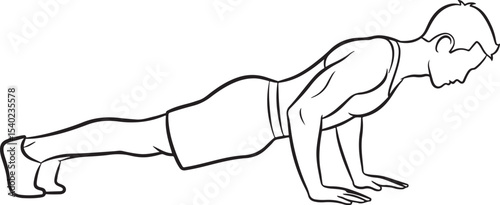 Black and white line drawing of a man doing a push up