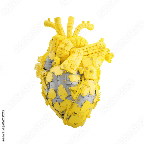 Bright yellow mechanical heart with silver details on transparent background