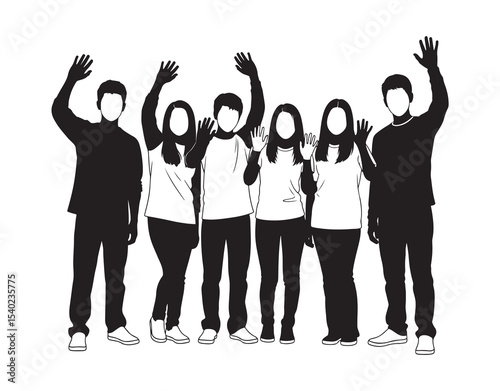 A Silhouett illustration depicting a group of young people waving at the camera with a white background

