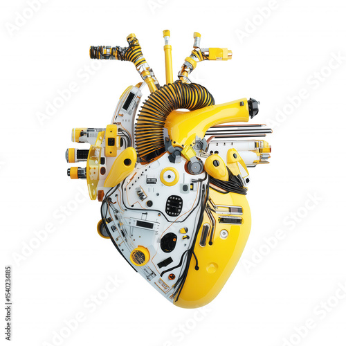 Futuristic mechanical heart with yellow casing and metallic components on transparent background