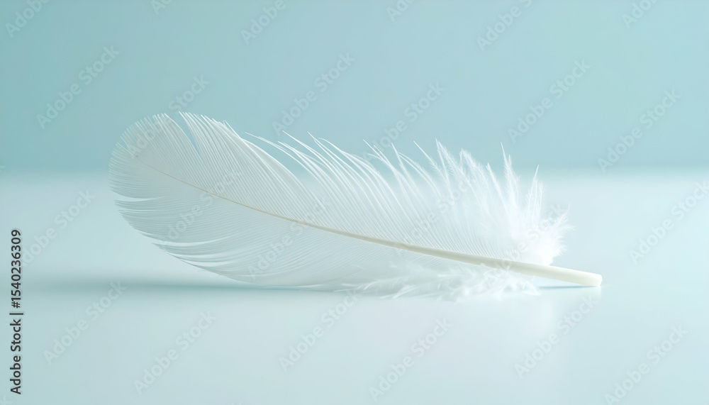Obraz premium Single White Feather on Light Blue Background