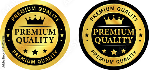 round premium quality badges in gold and black with crown and stars used for label or product branding	