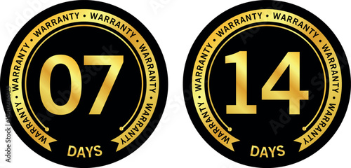 Set of 7 and 14 days warranty badges in black and gold with circular design, used for product guarantee and label icons	