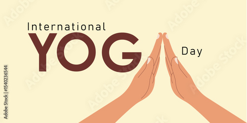 21 June International Yoga Day banner or poster with a woman practices yoga or asana by meditating in a lotus pose. Close up hand gesture in lotus pose. Flat cartoon character design.