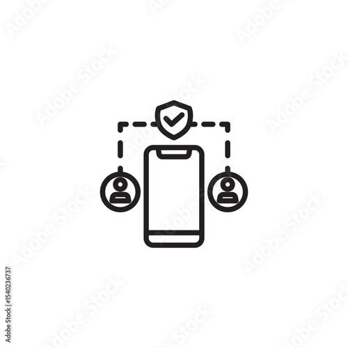 A line art icon features a smartphone in the center, flanked by two user icons. A shield with a checkmark is positioned above the phone, connected by dashed lines to the users, symbolizing secure mobi