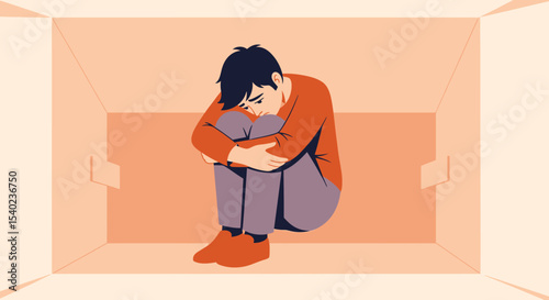 Young Man Sitting Alone, Huddled in a Box, Feeling Sad