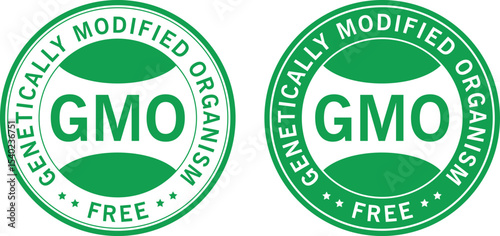 Set of green genetically modified organism  GMO free badges with circular labels and bold text, used for natural organic product certifications	