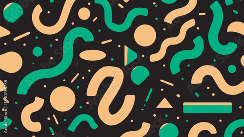 Abstract shapes float randomly across the dark background generating playful energy