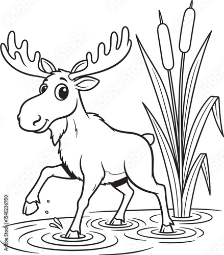 Cartoon Moose Walking in Water with Cattails Black and White Outline