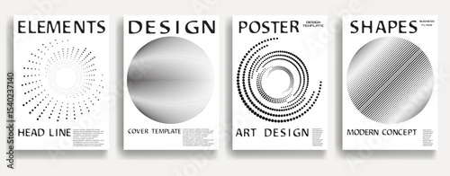 Modern posters . Vector design composition with various geometric shapes . Abstract contemporary art . Vector art ideal for media, ads, covers, brochures, banners. Black and white.

