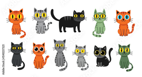 Collection of Ten Adorable Cartoon Cats in Various Colors and Poses