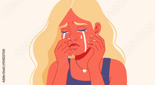 A Crying Woman with Freckles, Tears, and a Heart Pendant.