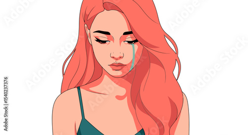 A Sad Woman with Pink Hair and a Teal Tear.