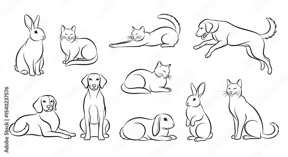 Fototapeta premium Black Line Art Illustrations of Various Pets