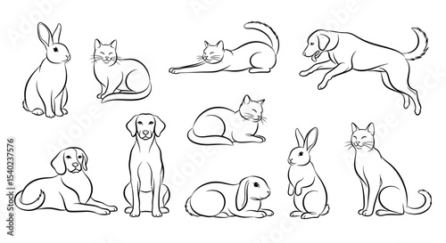 Black Line Art Illustrations of Various Pets