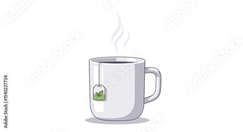 Cartoon illustration of a steaming mug with a tea bag