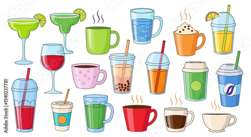 Cartoon assortment of colorful beverages: margaritas, wine, coffee, tea, juice, and bubble tea