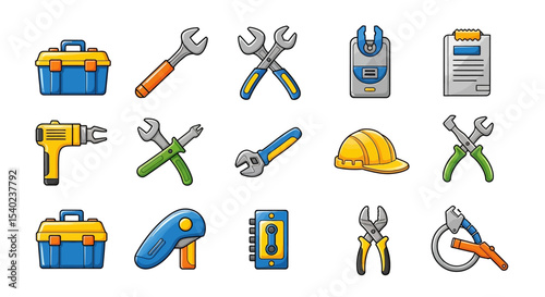 Cartoon Illustration of Various Construction and Repair Tools