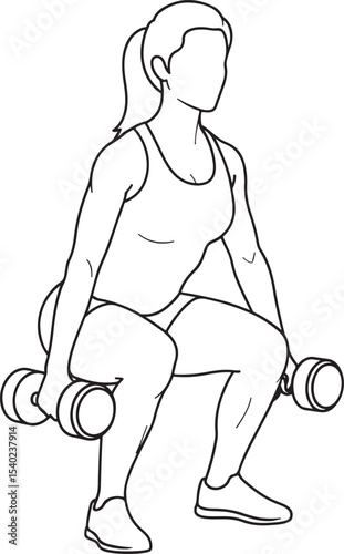 Line art illustration of a woman doing squats with dumbbells exercise